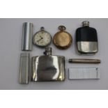 A collectors lot including a silver hip flask; another hip flask plated,