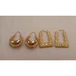 Two pairs of 9ct gold fancy large creole earrings, combined total weight approx 6.