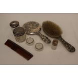 A married set of silver backed mirror brush and silver topped jards (8) Birmingham 1915,