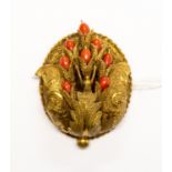 A Victorian gilt metal brooch, with foliate and Etruscan pattern, set with coral bud details,