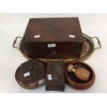 A mahogany writing box A/F; a Swiss box, Italian gallery tray, wooden box and cover,