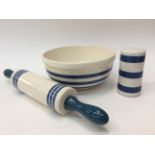 A mixing bowl, flower shaker and rolling pin all in ceramics, made by Sadler and Co, Stoke on Trent,