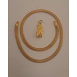 A yellow metal snake link necklace, stamped 750; together with a gold ring set pendant,