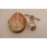 A Victorian 9ct gold cameo ring together with a Victorian gilt metal cameo brooch and a 9ct gold