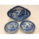 A blue and white oval dish,