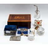 A sterling silver mounted atomiser, 3 EPNS serviette rings, EPNS jewellery box and contents,