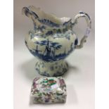 Large blue and white water jug, marked Delph, 28.