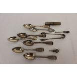 Fiver Chester teaspoons 1872, with a pair of sugar tongs,