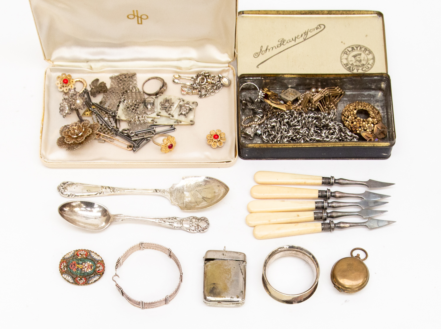 Silver and gold jewellery together with costume jewellery, ivory handled Lobster picks, Vesta case,
