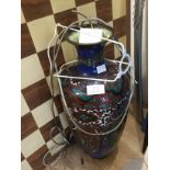 Tall Cloisonne hexagonal vase, converted to a table lamp, blue,