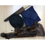 A lot of items to include; a 1950's navy wool jacket, a Chinese parasol, a fur tippet,