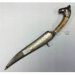 19th century Persian dagger with horses head pommel. 185mm long Damascus blade. Ivory grip.