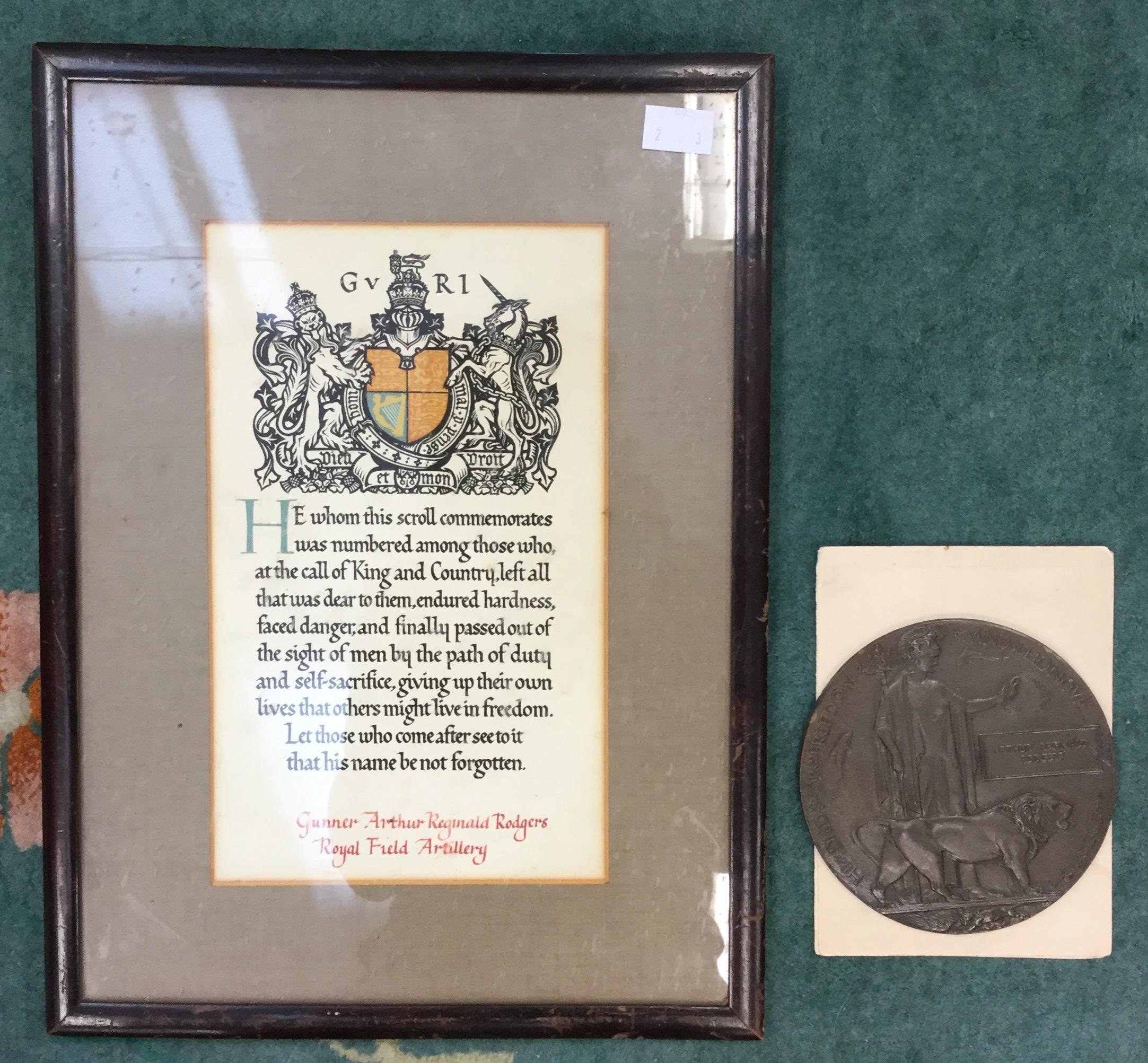 WW1 British Death Plaque to Arthur Reginald Rodgers along with framed Scroll to Gunner Arthur