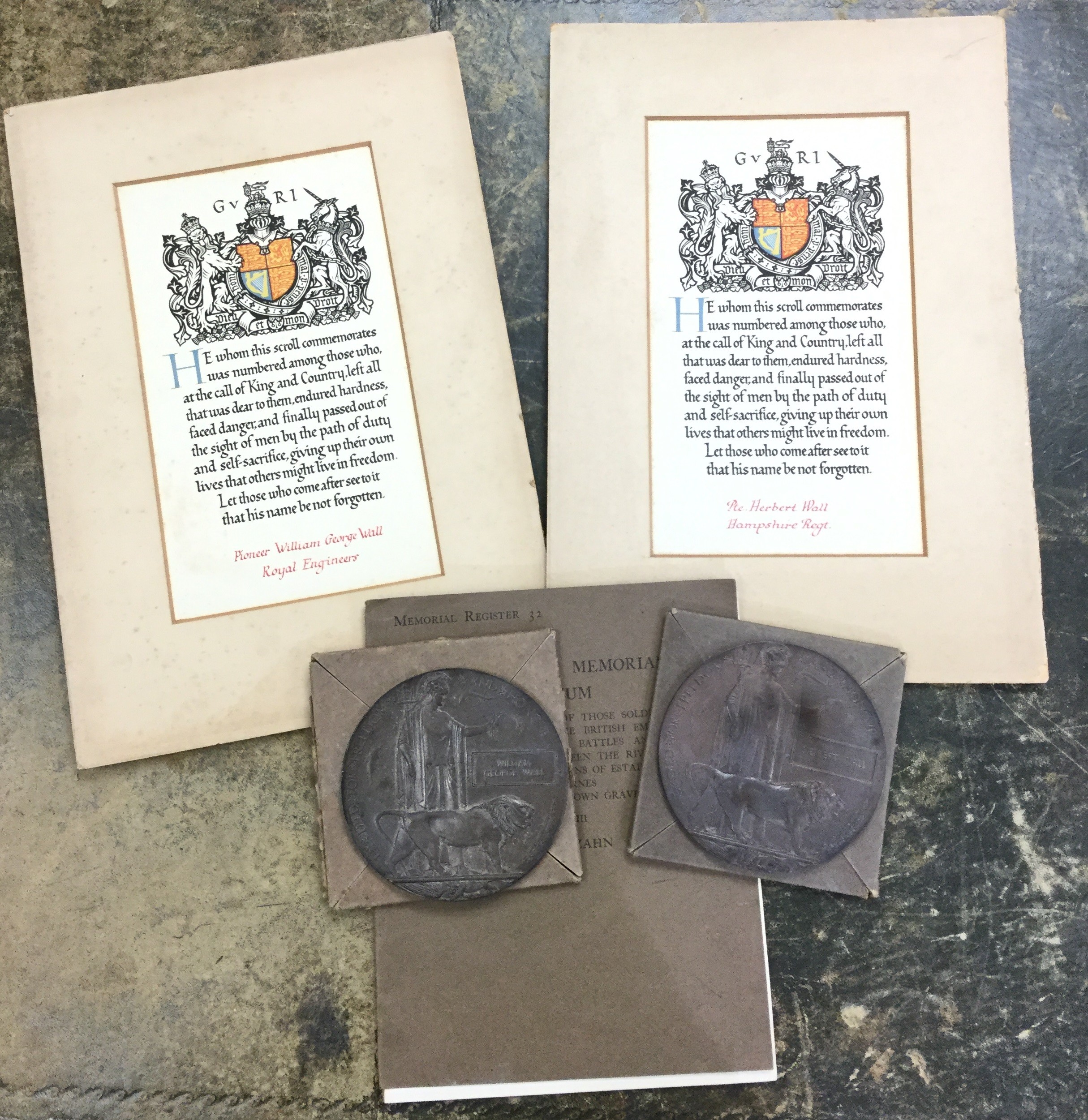 WW1 British: a pair of Death plaques and Scrolls to two brothers: Herbert Wall 2nd Battl The