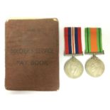 WW2 British Medals War & Defence Medals with ribbons along with AB64 Soldiers Service & Pay Book to