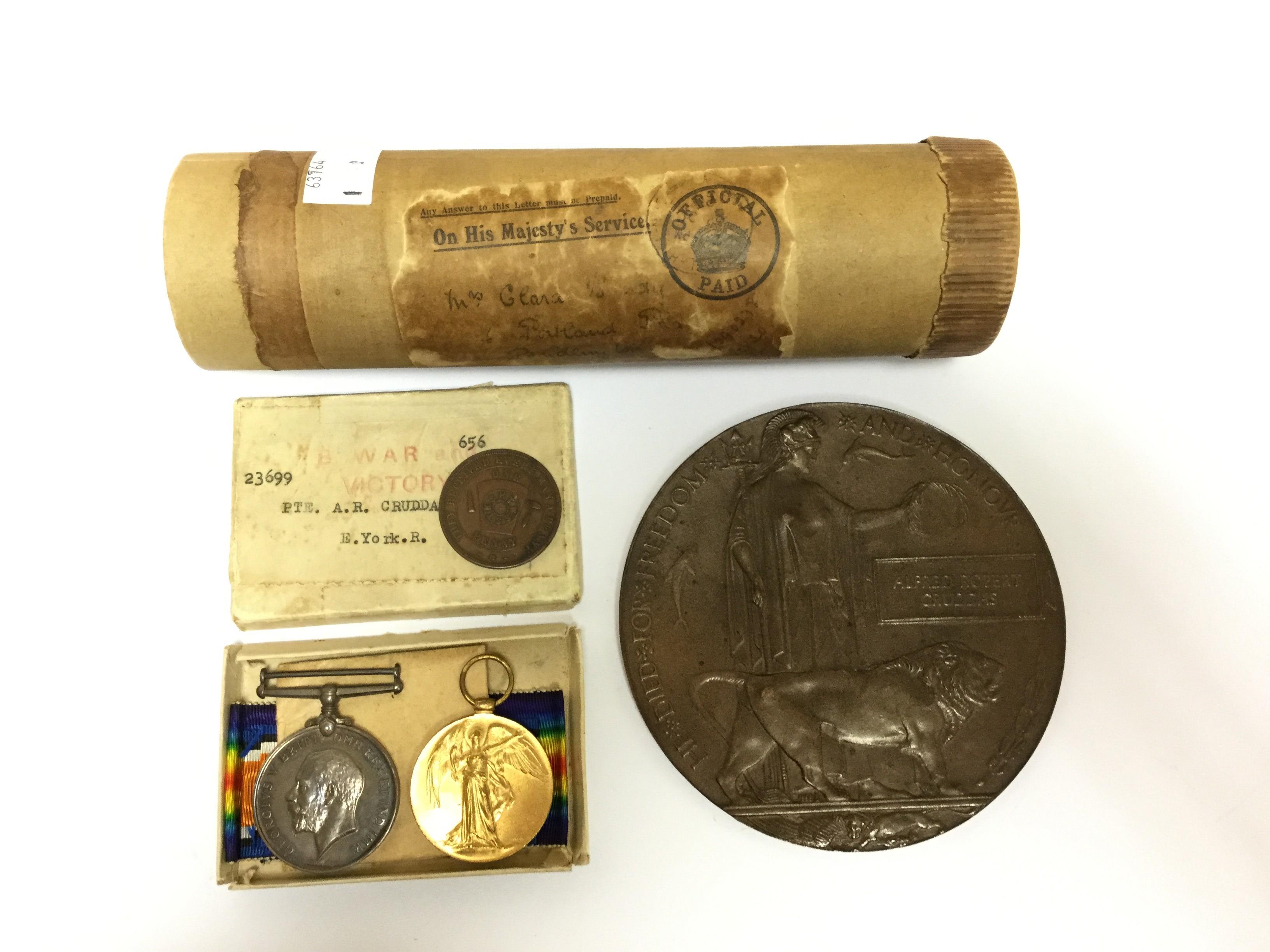 WW1 British Death Plaque and Scroll in carboard tube and War and Victory Medals in box with ribbons