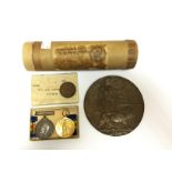 WW1 British Death Plaque and Scroll in carboard tube and War and Victory Medals in box with ribbons