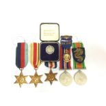 WW2 British Medals: 1939-45 Star, Africa Star, France & Germany Star, Defence Medal and War Medal.