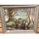 An oil on canvas of two young girls by a brook line fishing and sat on a bridge watching, signed P.