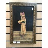 Sorrento artist, girl in traditional costume with vessel on head with frame of micro mosaic wood,