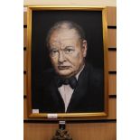 Late 20th Century portrait, oil on board, of Winston Churchill,