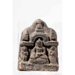 PAGAN VOTIVE BUDDHAClay,Birma, 12th centuryH: 4,5 cmBuddha in earth-touching gesture flanked by