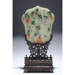 JADE TABLE SCREEN WITH FLORAL PATERNjade on a wood carved baseChinaH: 31 cmtable screen with