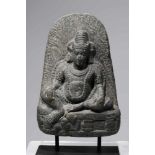 YELLOW JAMBHALAstone,Nepal, 17th centuryH: 20 cmSitting in the vajra position , his left hand