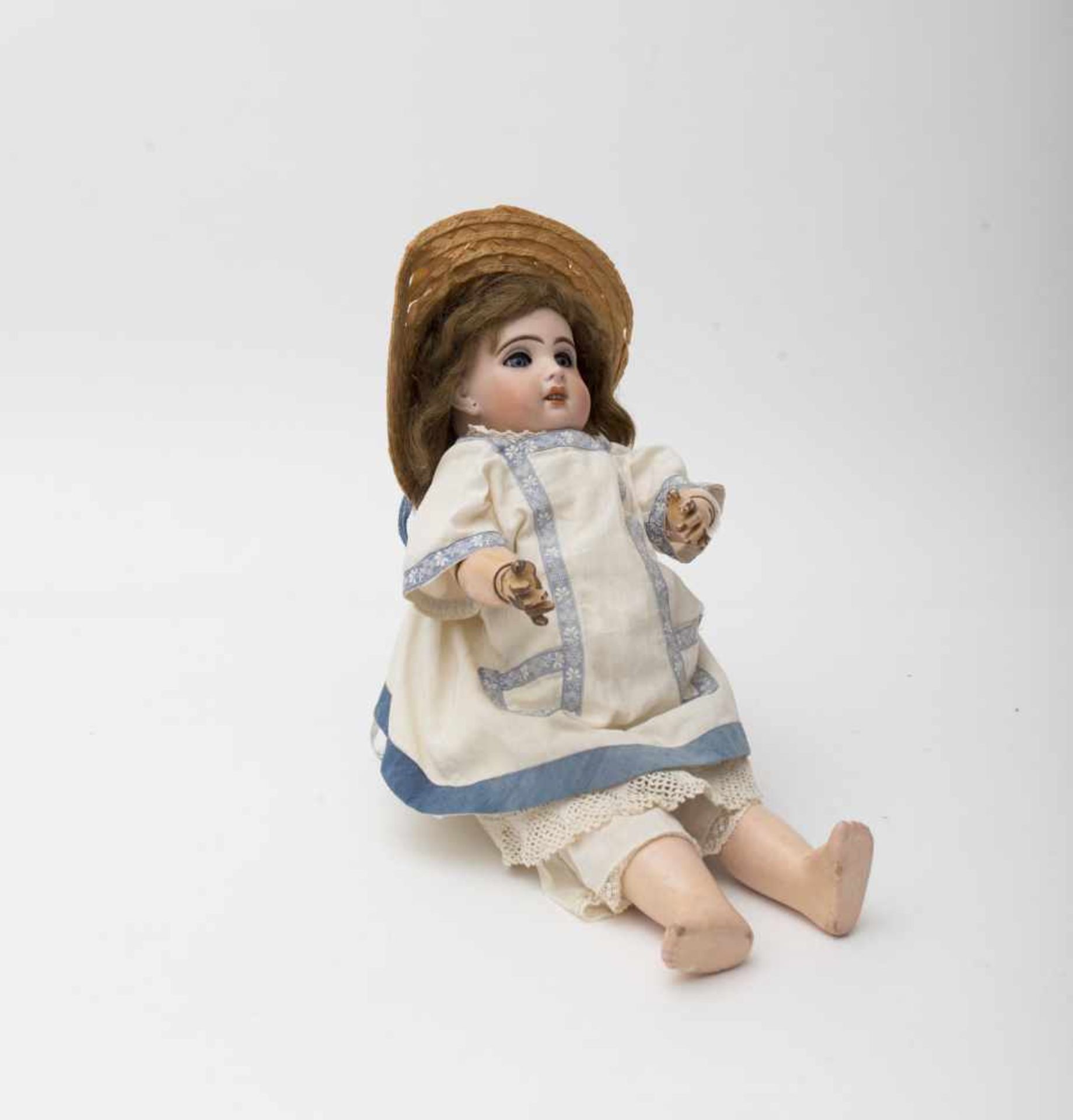 Doll With biscuit head, open mouth, no marks, size 6, based on a JUMEAU mould, blue sleeping eyes,