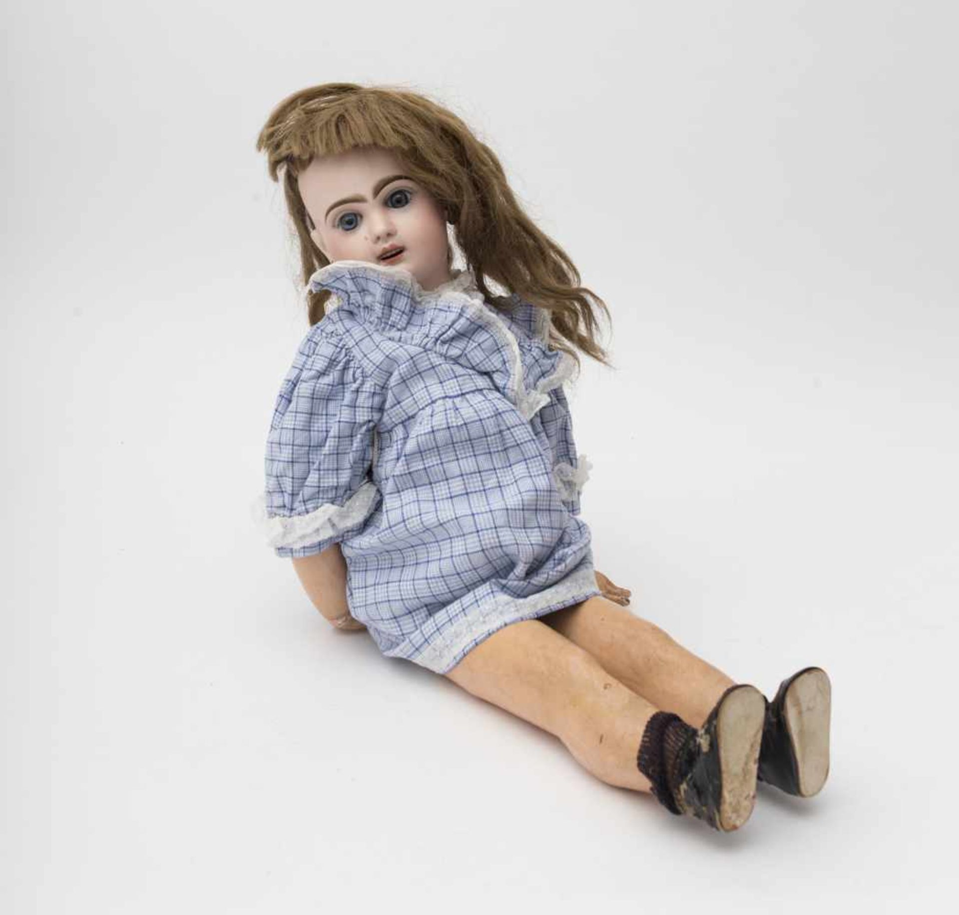 Doll With biscuit head, open mouth, based on a JUMEAU mould, branded “10”, fixed blue eyes, straight