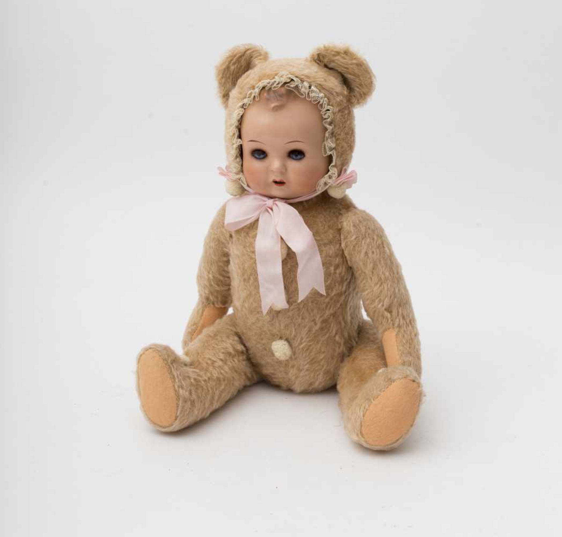 Baby doll With composition head, open mouth, blue sleeping eyes, stuffed bear body, STEIFF style,