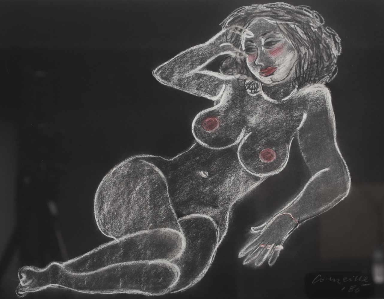 CORNEILLE (1922-2010) aka Guillaume van Beverloo Female nude on black background Chalk on paper,