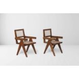 Pierre Jeanneret (1896-1967) Cane office chairs, 1956 Pair of solid teakwood and woven cane