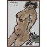 CORNEILLE (1922-2010) aka Guillaume van Beverloo Female nude with cat Watercolour on paper, signed