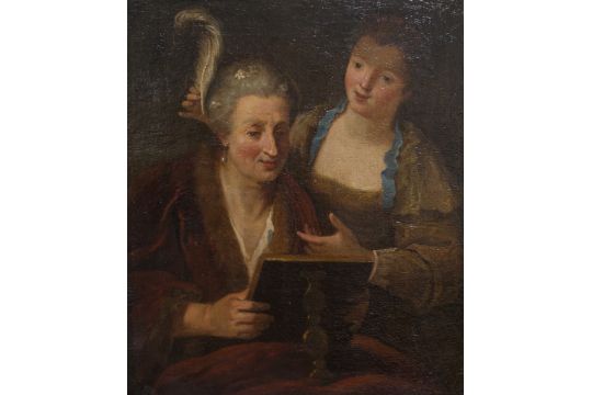 17th century Dutch schoolTwo women looking at each other in a mirrorOil on canvas.In a gilded wood - Image 1 of 2