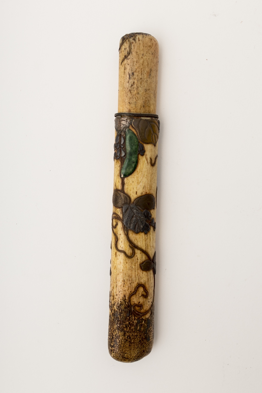Kiseruzutsu pipe case, Japan, Meiji periodBone inlaid with metal and lacquer, decorated with