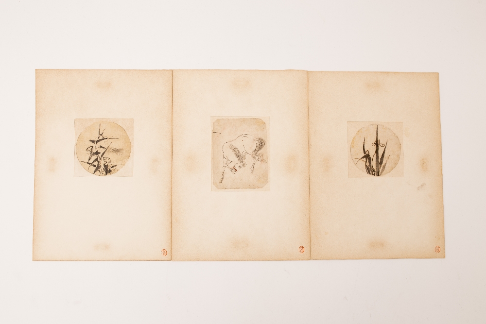 Set of three ink drawings, Japan, Edo periodFeaturing horses, rectangles and water irises (2), tondo