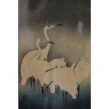 Koson Ohara (Japan, 1877-1945)Five cranes in the snowKacho-e style watercolour on paper, signed