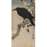 Koson Ohara (Japan, 1877-1945)Crow on a cherry tree branch, facing the sunriseKacho-e style ink
