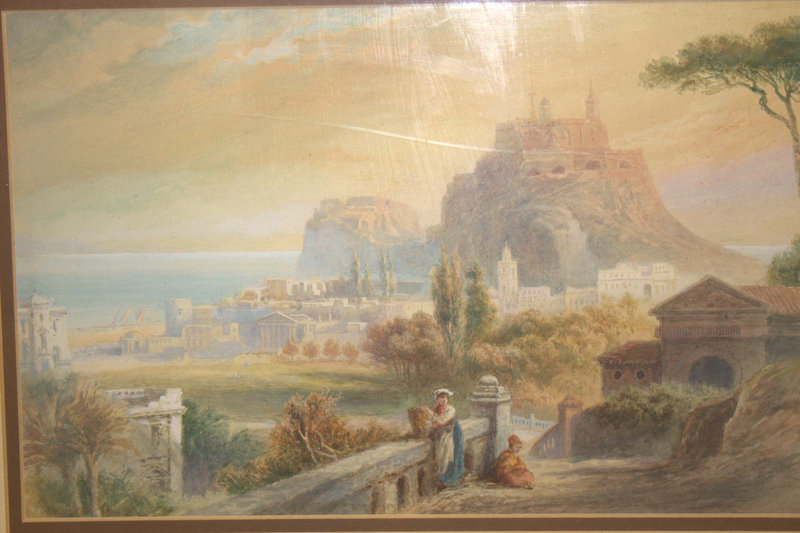 19thC Framed Watercolour, Depicting An Arcadian Mediterranean Harbour Town, With Figures To The - Image 2 of 2