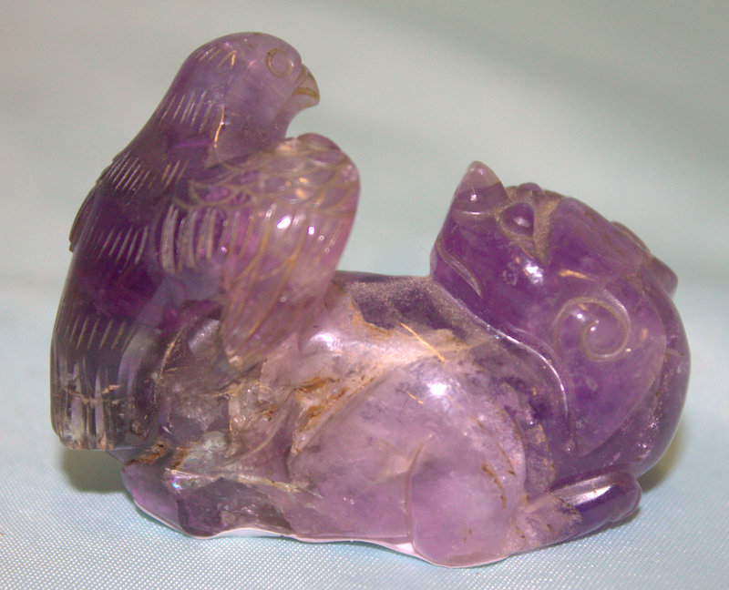 Antique Chinese Carved Amethyst Si Si Dog With An eagle Perched On His back, Length 2.5 Inches,