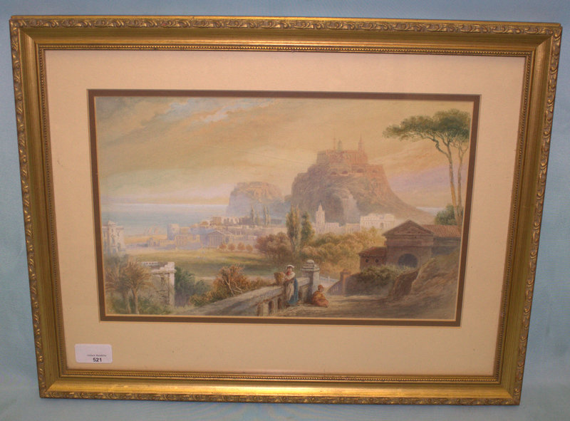 19thC Framed Watercolour, Depicting An Arcadian Mediterranean Harbour Town, With Figures To The