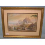 19thC Framed Watercolour, Depicting An Arcadian Mediterranean Harbour Town, With Figures To The