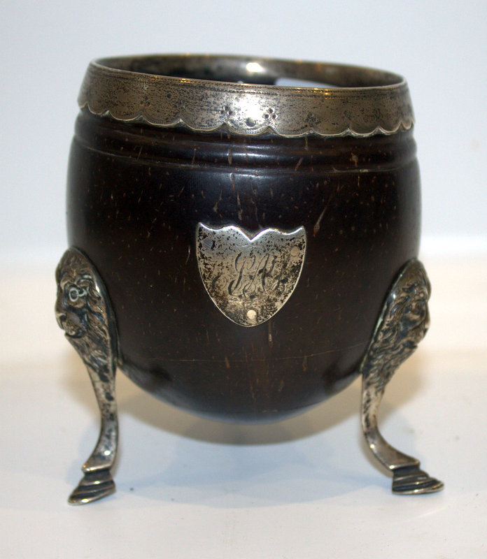 18thC Georgian Coconut Cup With Silver Mounts Raised On Lion Mask Cast Feet, Shield Cartouche To The