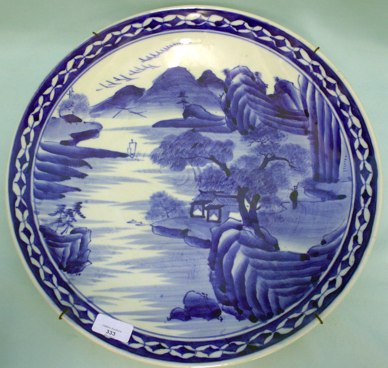 Late 19thC Japanese Blue & White Charger, Depicting a Classical landscape, Diameter 16 Inches