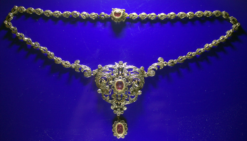 19thC Continental Diamond And Ruby Pendant Necklace, Leaf Floral Design Set With 200+ Rose Cut