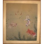 Japanese Watercolour Drawing, Finely Executed On Paper Depicting Goldfish And Carps. Artist Signed