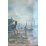 J S ELLIOT Watercolour Of A Harbour Quay Scene With Fisher Folk On The Beach, signed J.S. Elliot,