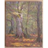 C.S Meacham Oil On Canvas, Titled On Verso Beeches In New Forest, With Horses. Unframed, 16 x 21