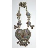 Silvered Metal Middle Eastern Heart Shaped Pendant With Agate Cabouchons With Matching Chain